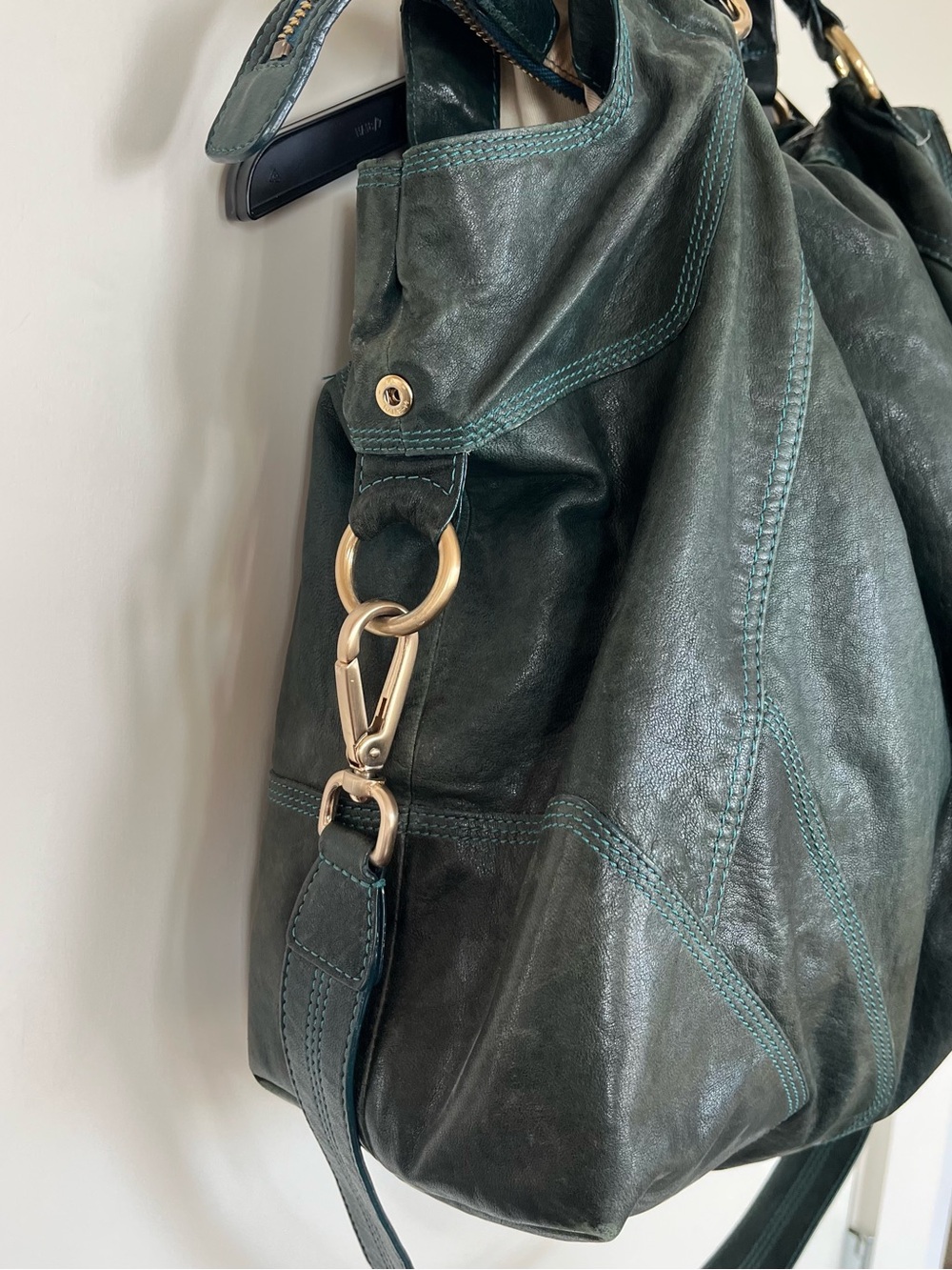 Andrew Marc Distressed Leather Slouch Tote | Oversized Hobo Bag | Teal Color - Picture 3 of 8